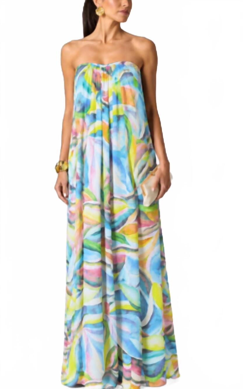 NEW ADRIANNA PAPELL strapless printed flowing gown in green multi